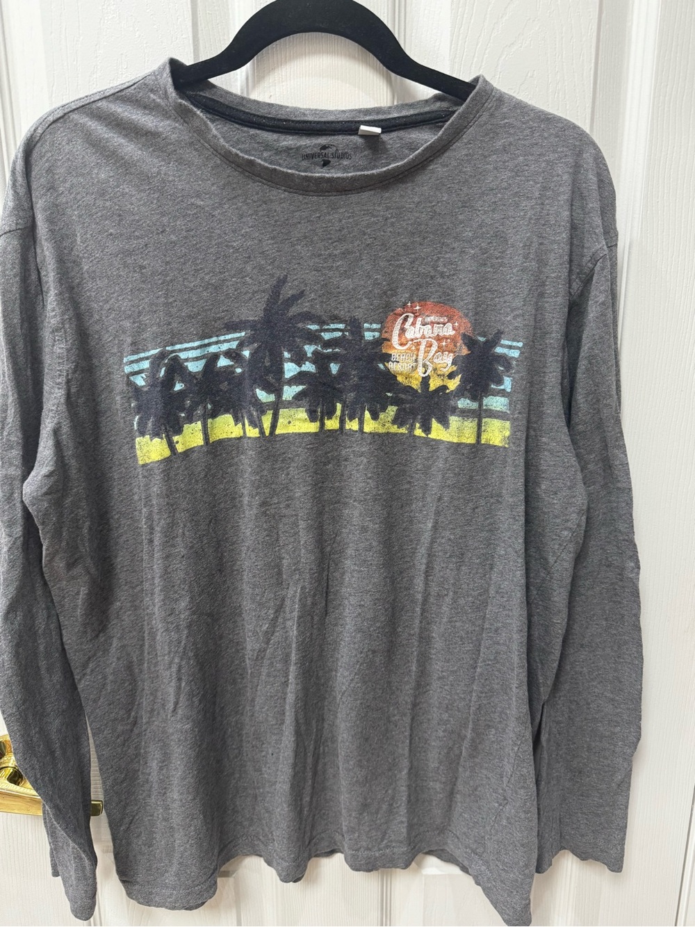 Men's Gray Long-Sleeve Graphic Tee with Sunset Palm Design